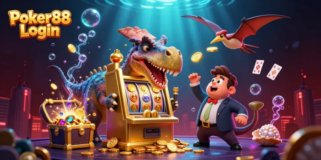 Experience the excitement of Poker88 Login with a dynamic casino scene of animated characters celebrating big wins.