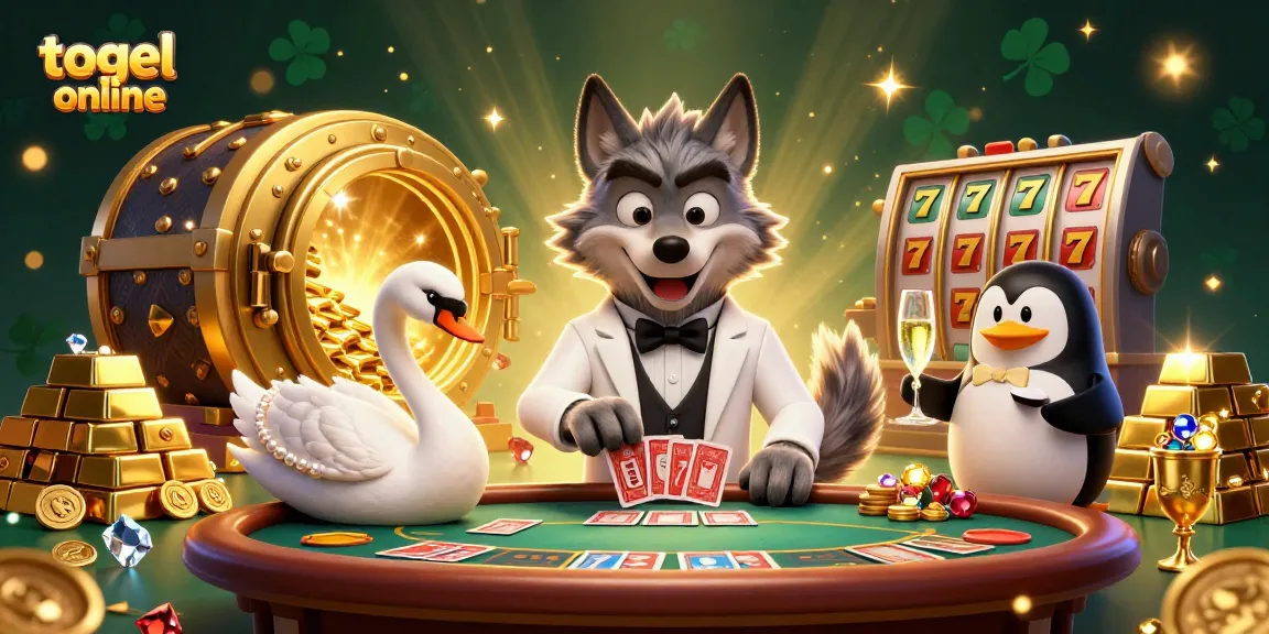 Experience thrilling togel online action with lively characters at a packed casino scene.
