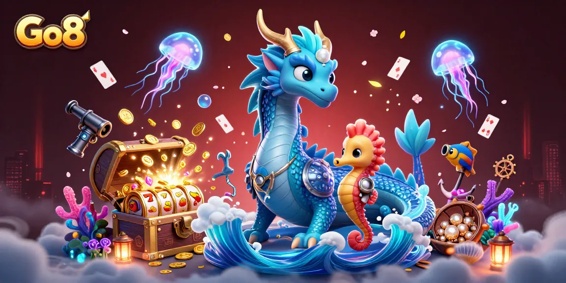 Experience the thrill of Go8 gaming with a vibrant casino-themed scene featuring a water dragon and enchanting characters.