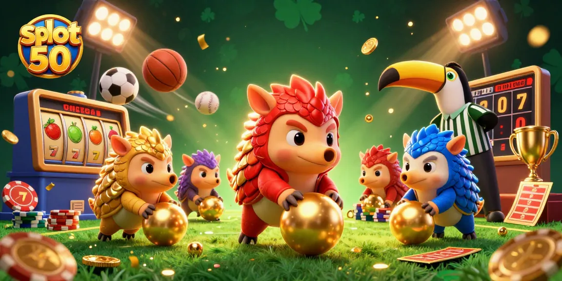 Engage in thrilling gameplay with slot bet 50 as rival pangolins roll golden balls through poker chips.