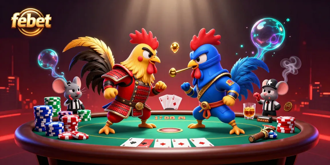 Bet and win at febet: Twin roosters in combat among vibrant casino elements.