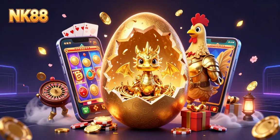Win big at NK88 with the dazzling golden dragon guarding poker chips and thrilling game elements.