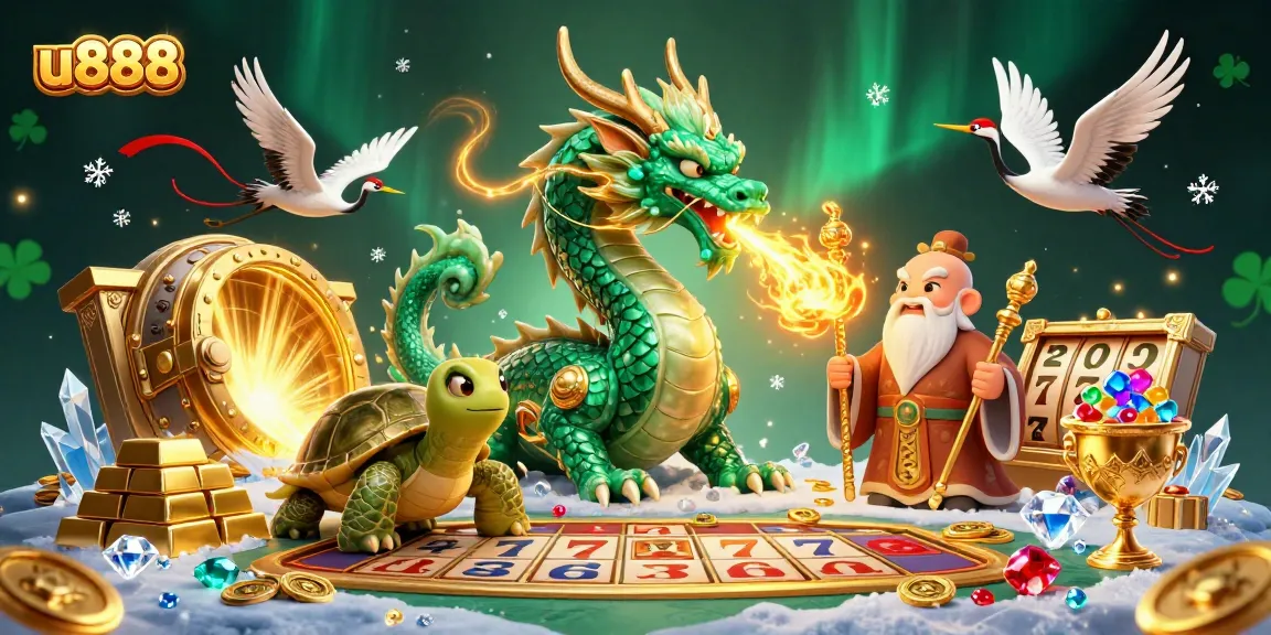 u888 takes on luck with an emerald dragon and treasures in vibrant casino art