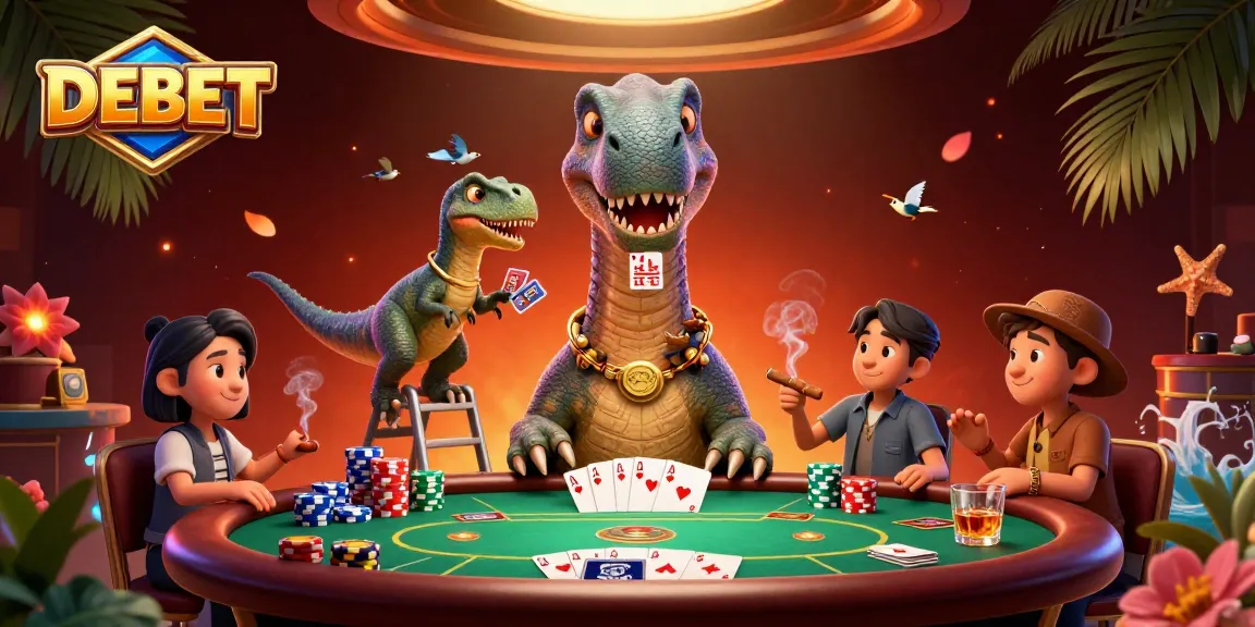 DEBET features a whimsical 3D dinosaur poker showdown with vibrant casino elements.