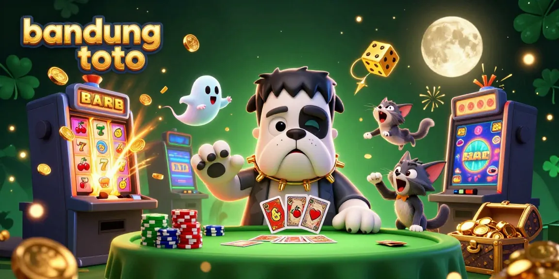 Bandung toto scene with a bulldog monster dealing cards, surrounded by a jackpot explosion and casino elements.