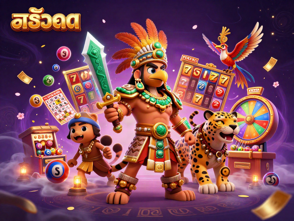 Experience dynamic สล็อต gaming with Aztec characters surrounded by vibrant slot elements and joyful energy.