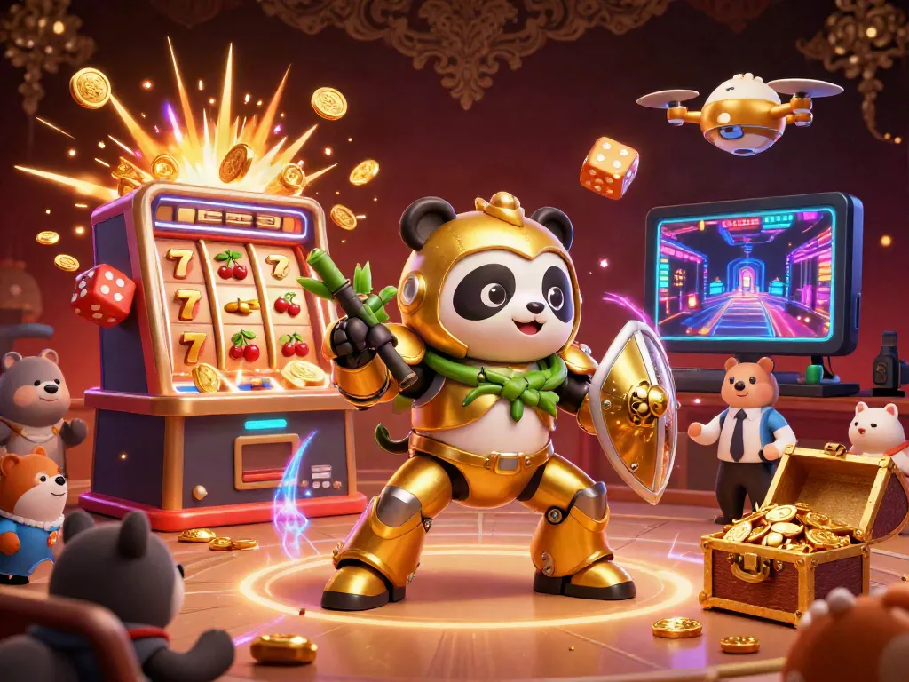 Engaging casino scene showcasing XX8 with a golden panda robot amidst jackpot excitement.