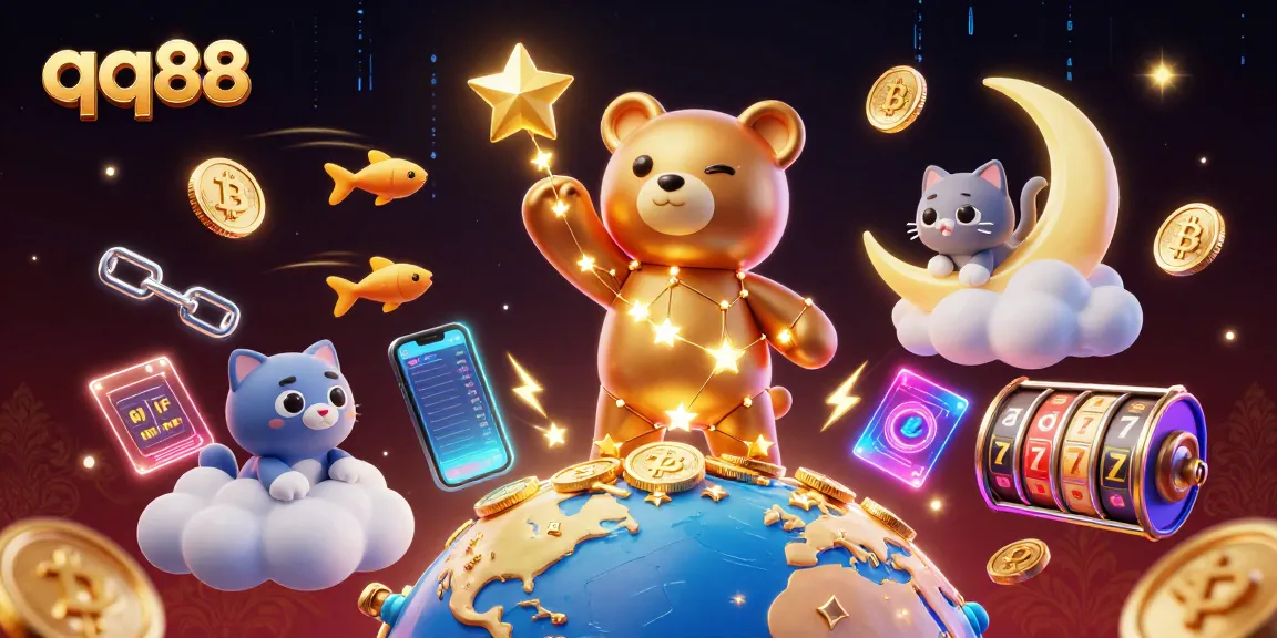 Engage with qq88 in a vibrant 3D scene showcasing casino elements and crypto coins.