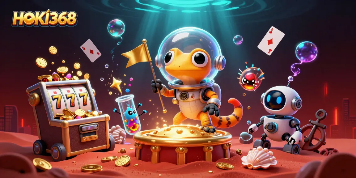 Engage with HOKI368's vibrant Martian casino adventure featuring colorful slot machines and treasures.