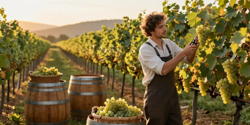 Winemaker inspecting grapes at avpwinecollective.com vineyard during harvest.
