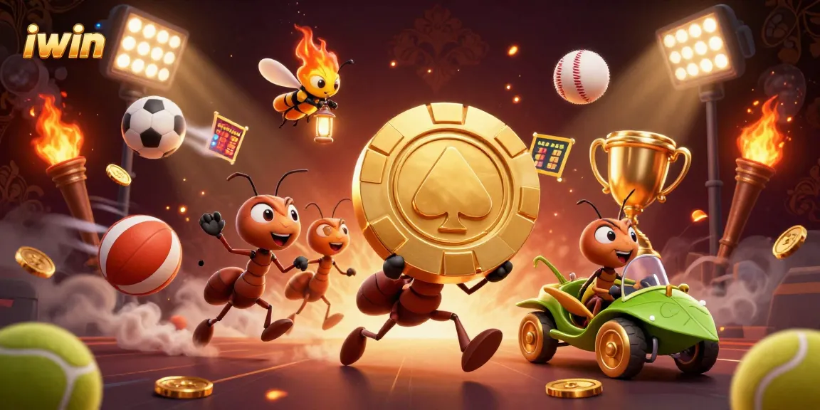 iwin: Ants in a heist carrying a giant poker chip, dynamic sports elements around