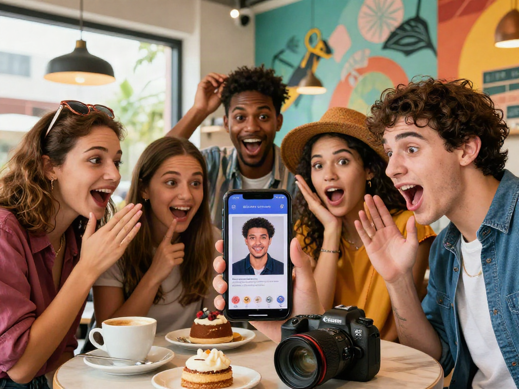 Group of friends using an app to find out who they look like celebrities in a colorful café.