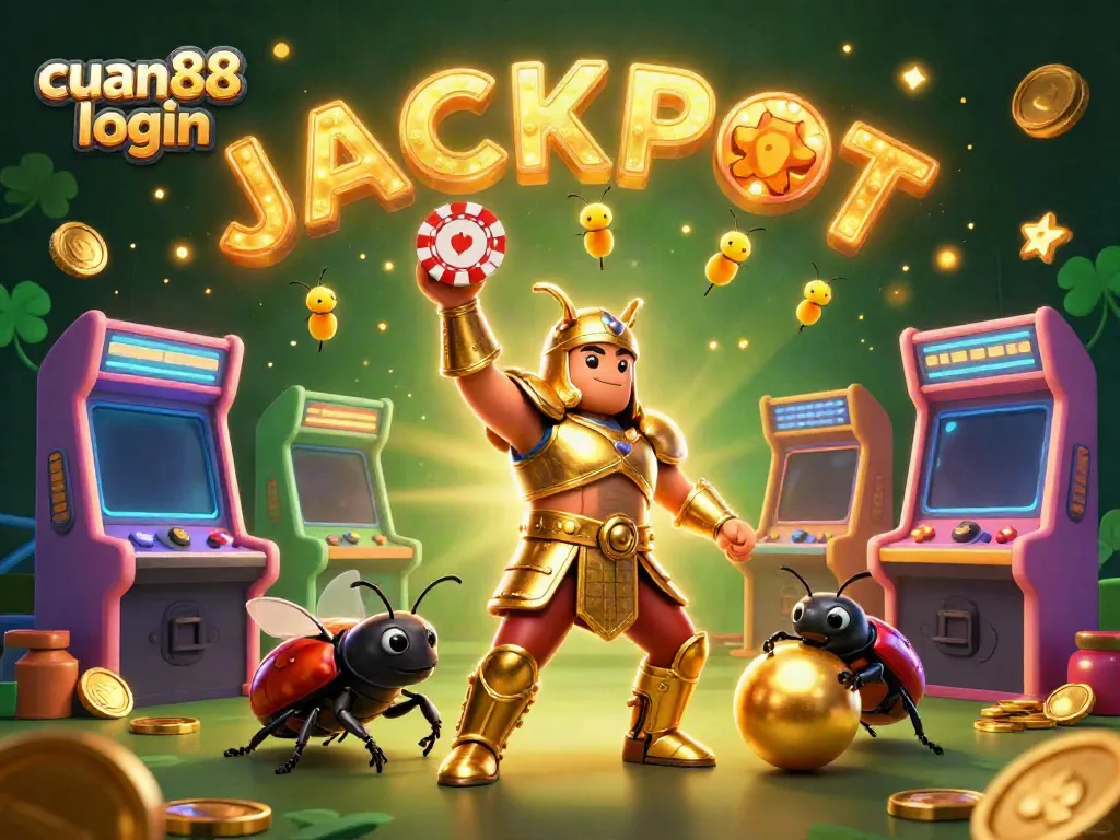 Engage in cuan88 login with a victorious 3D beetle character amidst vibrant casino elements.