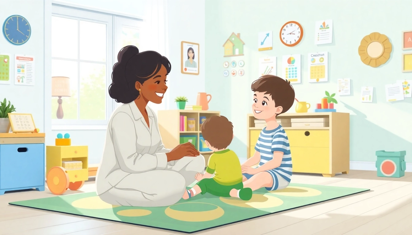 Child engaging with therapist while learning through ABA services in a colorful and welcoming environment.