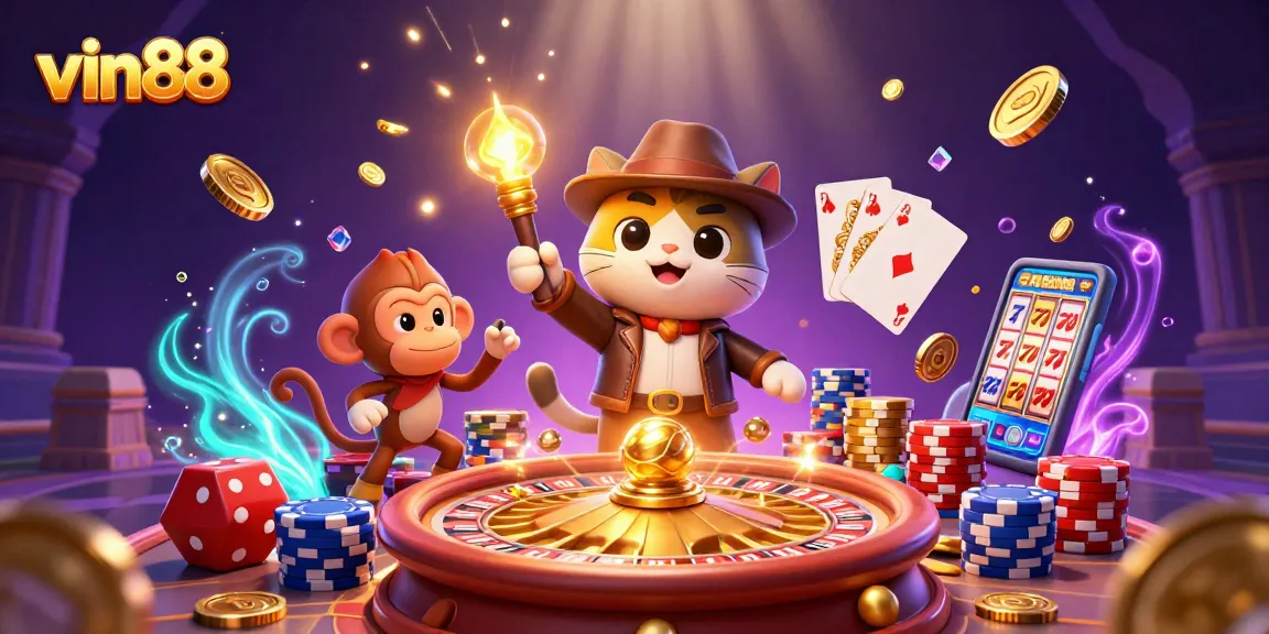 vin88 players enjoy discoveries in a vibrant casino scene as golden coins and gems cascade.