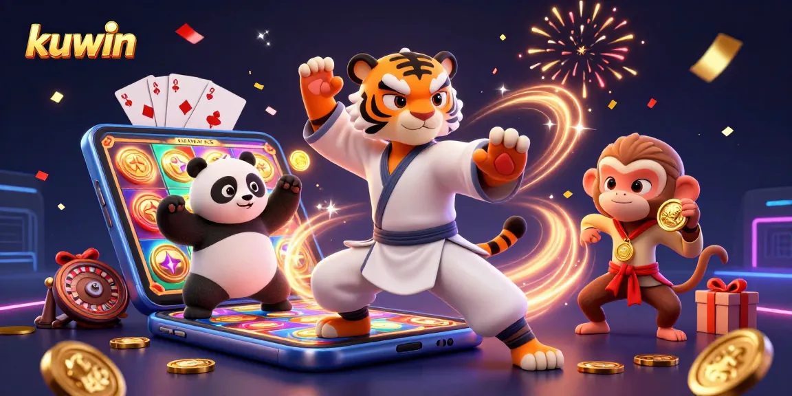 Kuwin players engage in an exciting scene with a kung fu tiger, panda, and monkey amidst vibrant casino elements.
