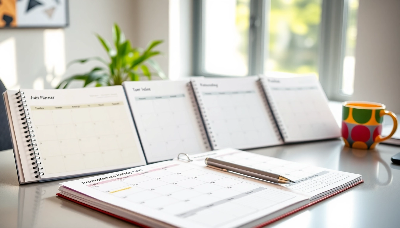 Engaging custom monthly planners displayed elegantly on a desk, inspiring organization and creativity.