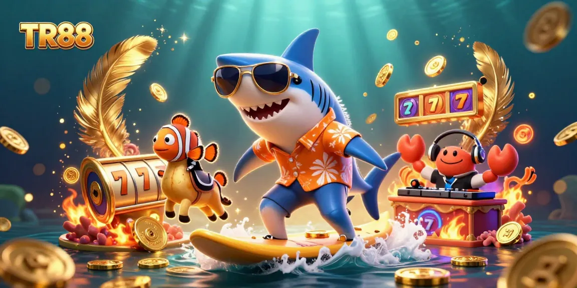 Engage with TR88’s spirited casino adventure featuring a shark amidst animated gold coins.