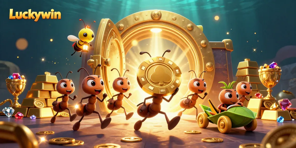 Luckywin ants engaged in a heist with a golden poker chip in a vibrant casino scene.