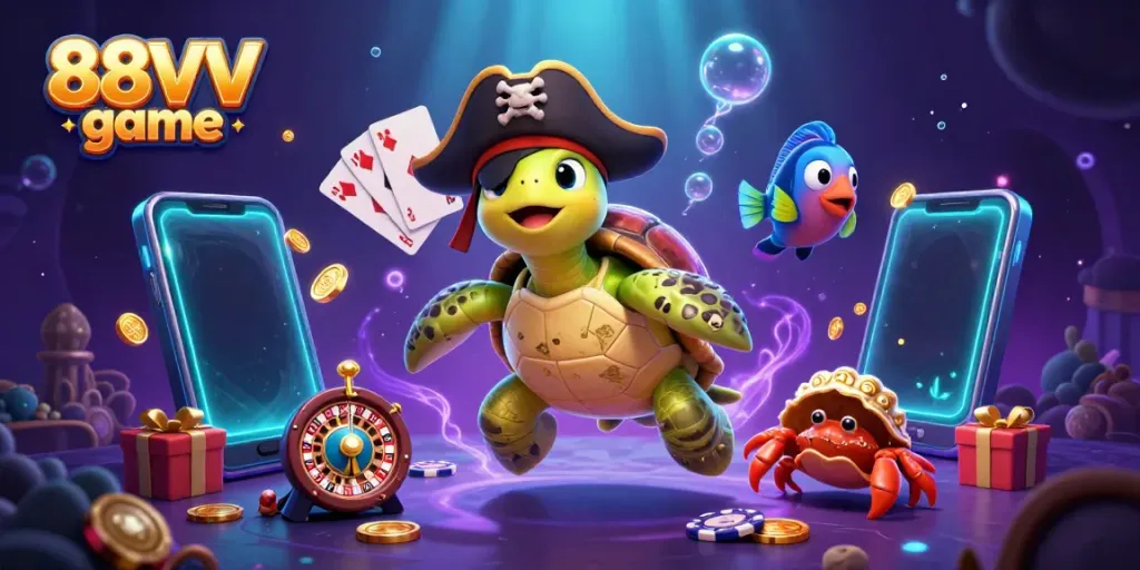 Engage in the thrilling 88VV game with a vibrant underwater scene, showcasing interactive characters and dynamic casino elements.