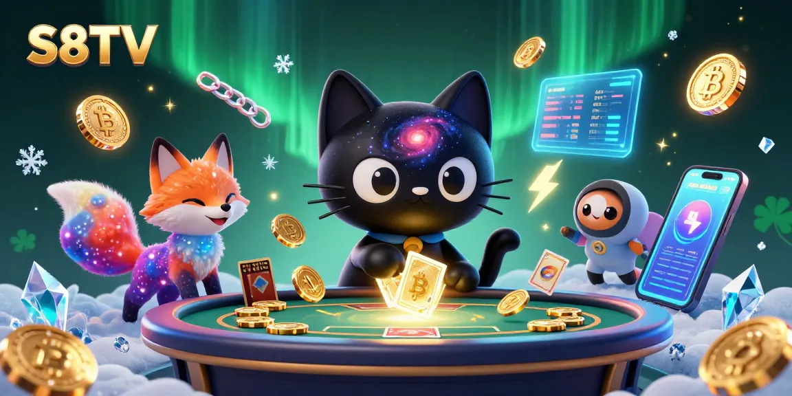 Experience S8TV with cosmic charm at a vibrant casino, drawing in golden chips and cards.
