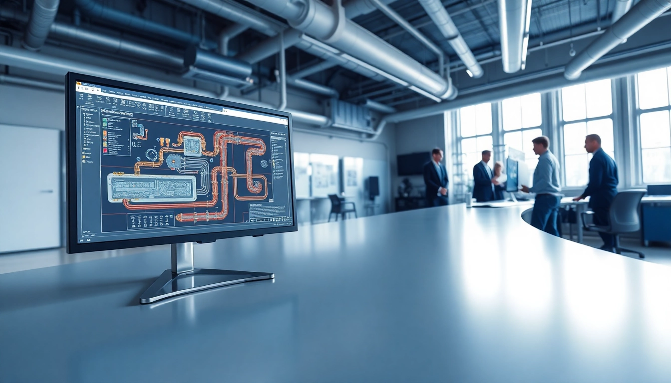 Showcasing Plant 3D piping design software interface with modern engineering elements and vibrant colors.