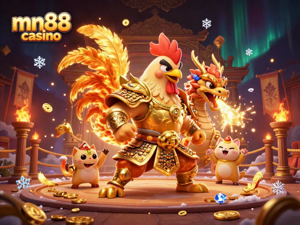 Engaging scene showcasing mn88 casino with a fighting rooster, dragon hatchling, and fortune cat in a vibrant casino-themed arena.