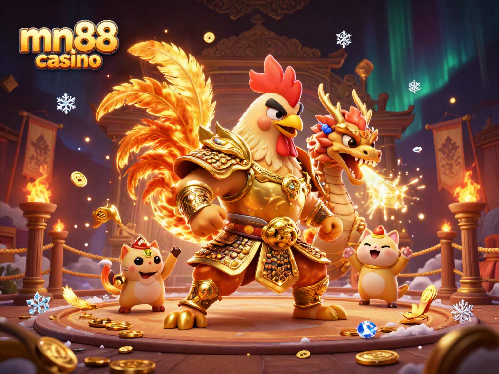 Engaging scene showcasing mn88 casino with a fighting rooster, dragon hatchling, and fortune cat in a vibrant casino-themed arena.