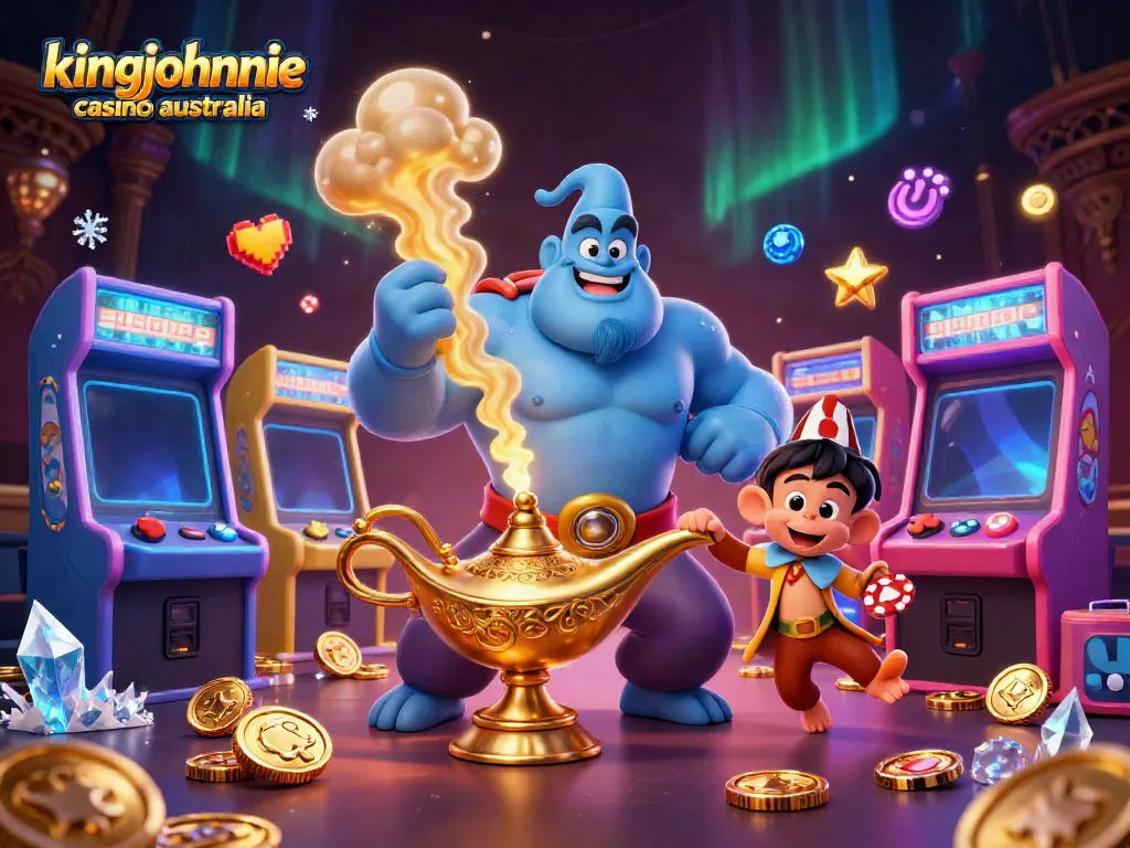 Engage at kingjohnnie casino australia with immersive 3D casino adventure featuring a magical genie and vibrant gaming elements.