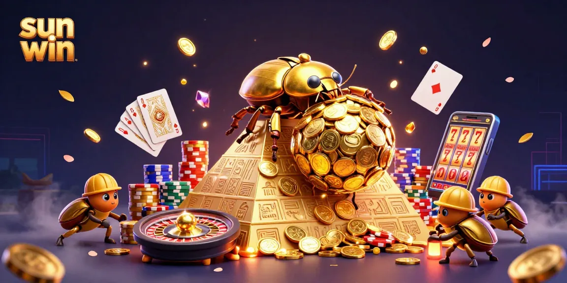 Experience wins at sun win with a 3D illustration of lucky games, golden coins, and vibrant casino elements.