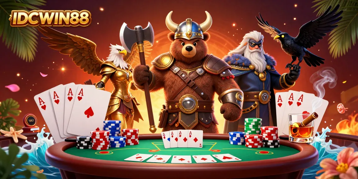 Experience intense gameplay with IDCWIN88 as a cartoon Viking berserker and golden Valkyrie in a vibrant casino scene.