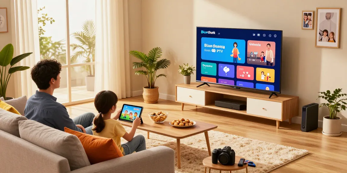 Family enjoying BlueShark IPTV on a smart TV in a cozy living room.