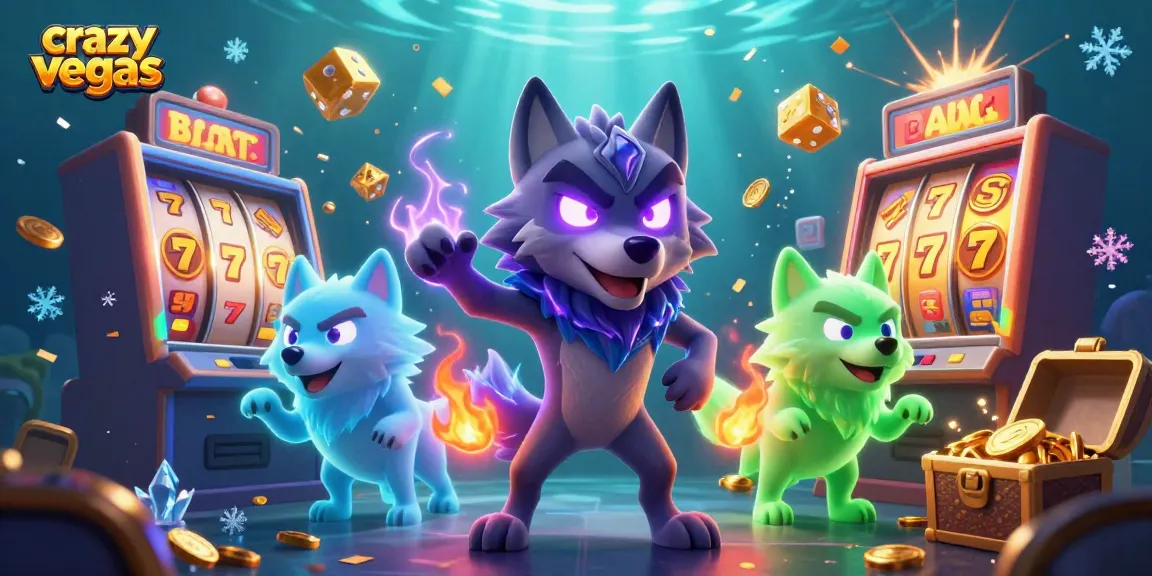 Spin to win with crazyvegas in this vibrant 3D casino scene filled with slot machines and glowing wolf characters.
