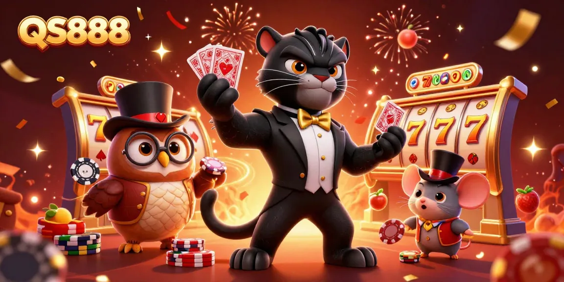 Experience thrilling action with QS888 as stylish characters deal cards surrounded by vibrant slot elements.