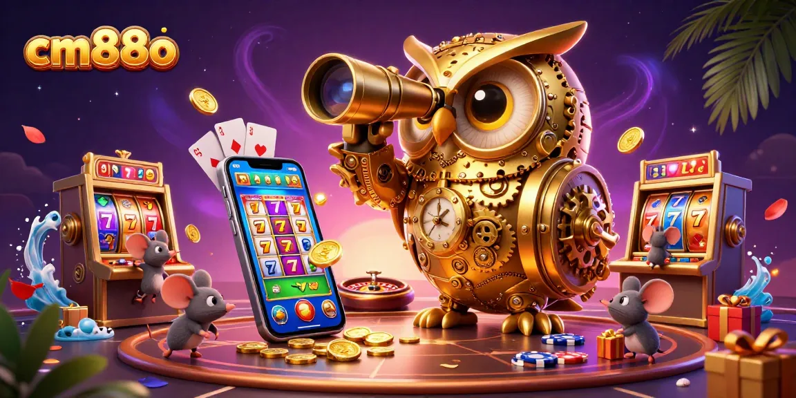 Experience the vibrant cm88o casino floor with a whimsical owl and energetic slot games.
