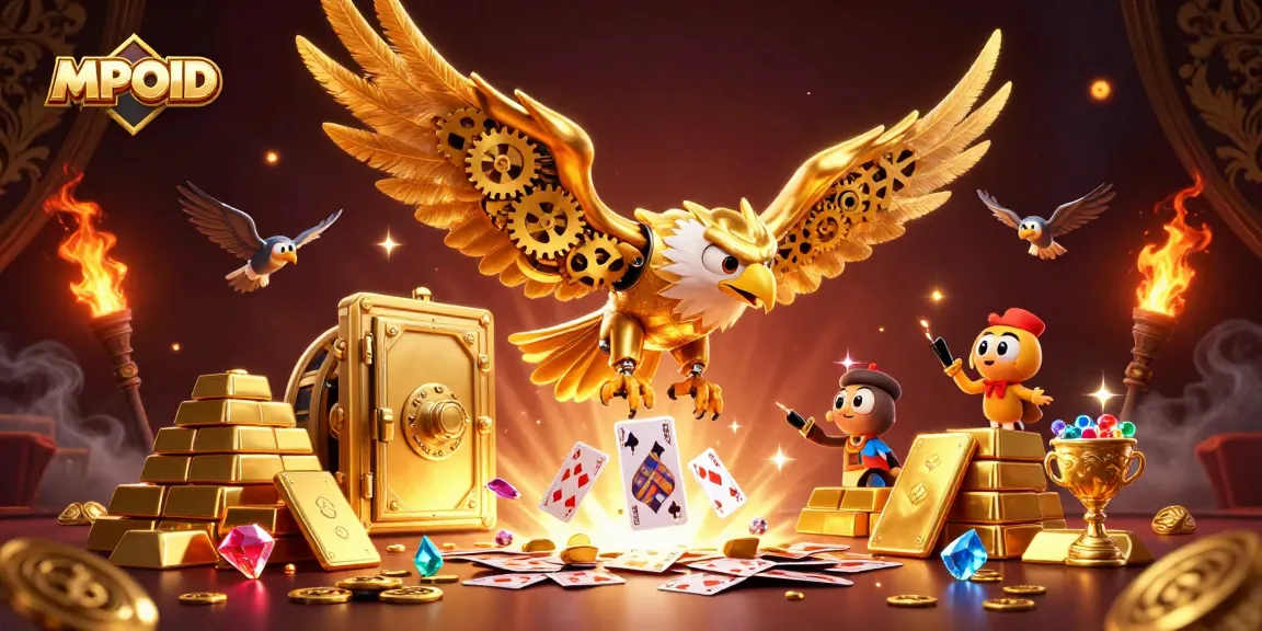 MPOID game enthusiasts engaging with holographic cards alongside a golden eagle and treasures.
