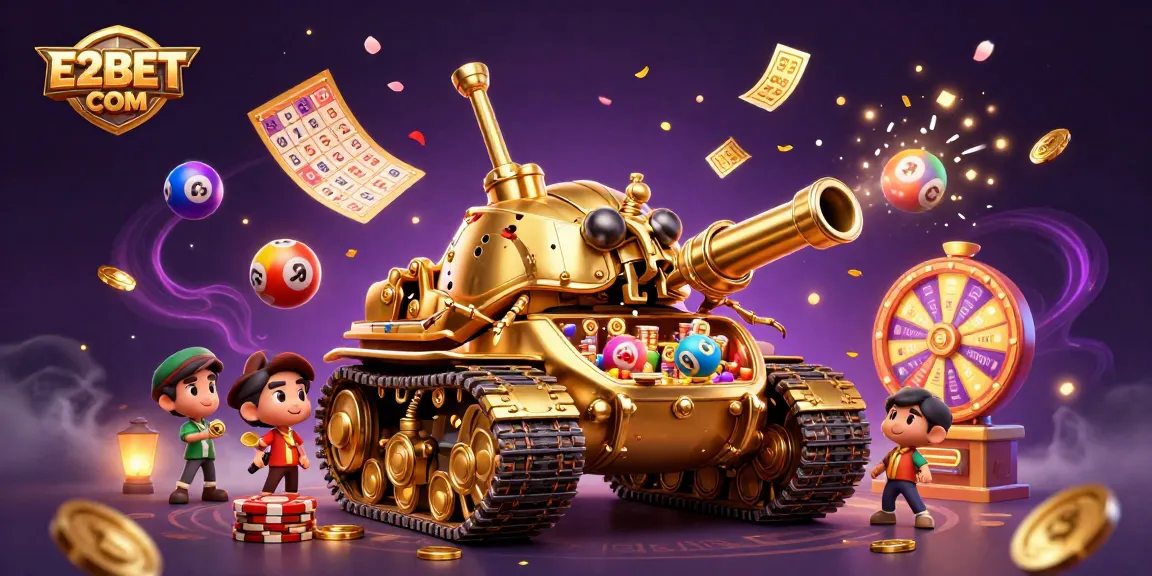 Experience the excitement of E2BET COM with a vibrant 3D casino illustration featuring dynamic lottery elements.