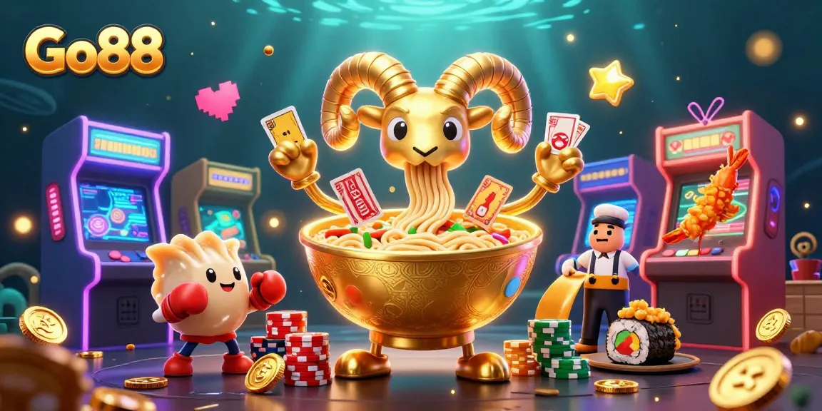 Experience gaming excitement at Go88 with a vibrant casino-themed illustration featuring playful characters.
