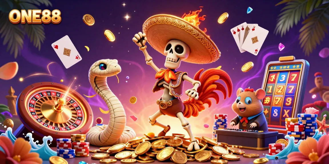 Experience the excitement of ONE88 with a vibrant casino scene featuring colorful characters and dynamic game elements.