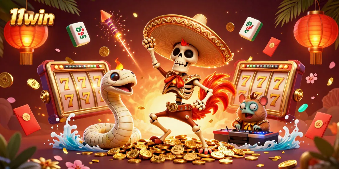 11win slot reels spin beside a lively skeleton mariachi rooster celebrating on coins.