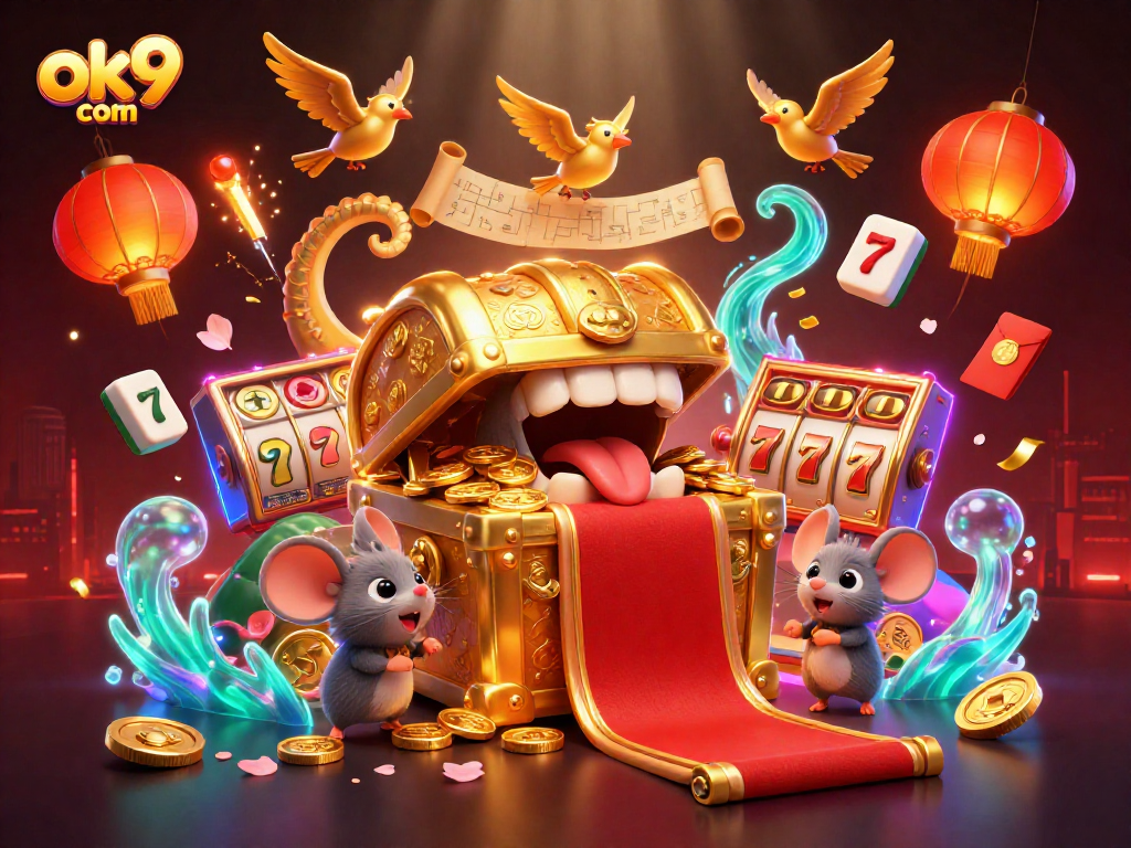 Experience epic wins with ok9 com in this vibrant, action-packed casino scene featuring treasure and jackpots.