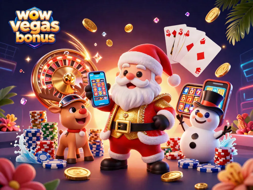 Experience the excitement of the wow vegas bonus with Santa and friends in a vibrant casino scene.