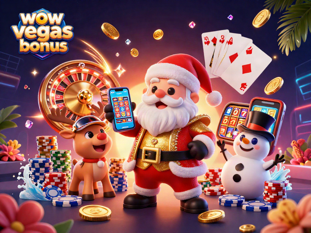 Experience the excitement of the wow vegas bonus with Santa and friends in a vibrant casino scene.