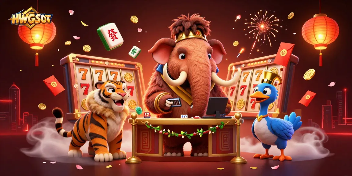 Experience excitement at HWGSLOT with a vibrant scene featuring a woolly mammoth bouncer and slot reels.