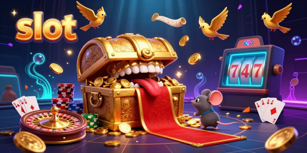 Experience immersive slot gaming with a golden treasure chest, adventurous mice, and dynamic casino elements.