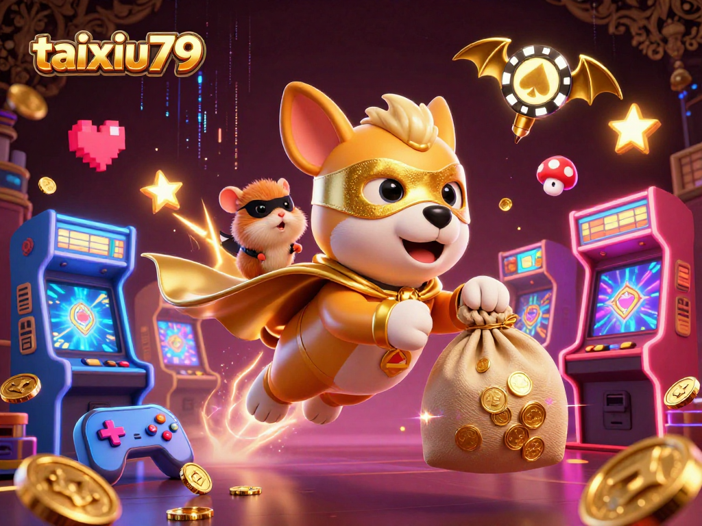 Experience thrilling gameplay at taixiu79 with a vibrant 3D casino-themed illustration showcasing superheroes and gaming elements.