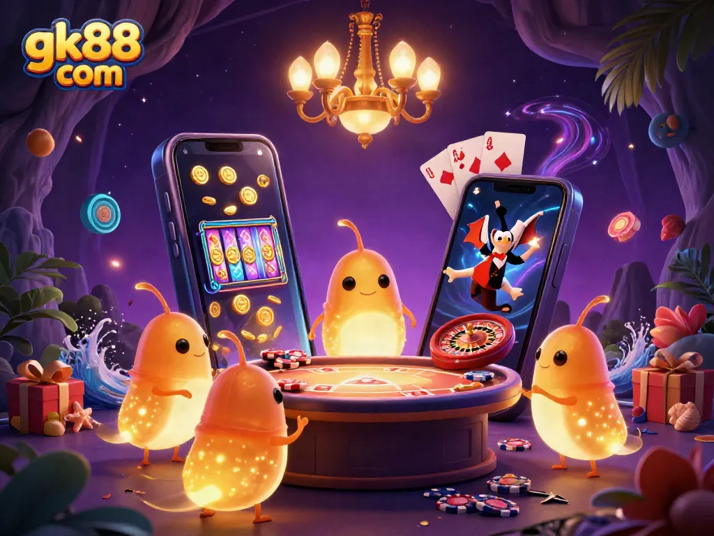 Experience the excitement of gk88 com with glowworms lighting a vibrant casino scene.