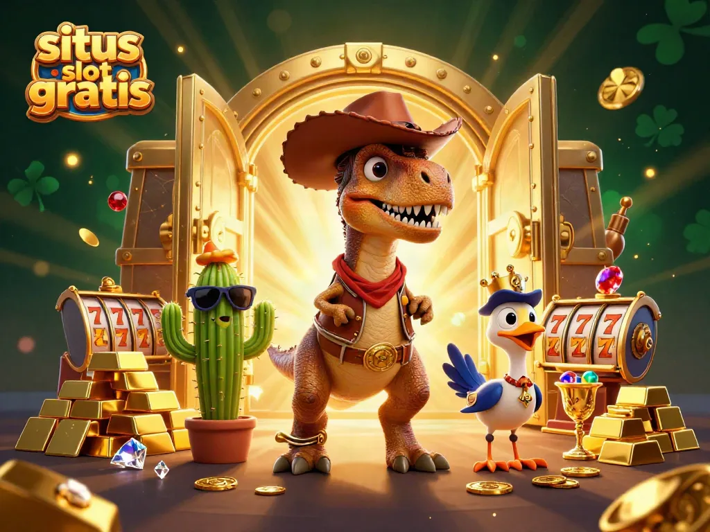 Interact with the exciting world of situs slot gratis through a lively illustration featuring dazzling treasures and characters.