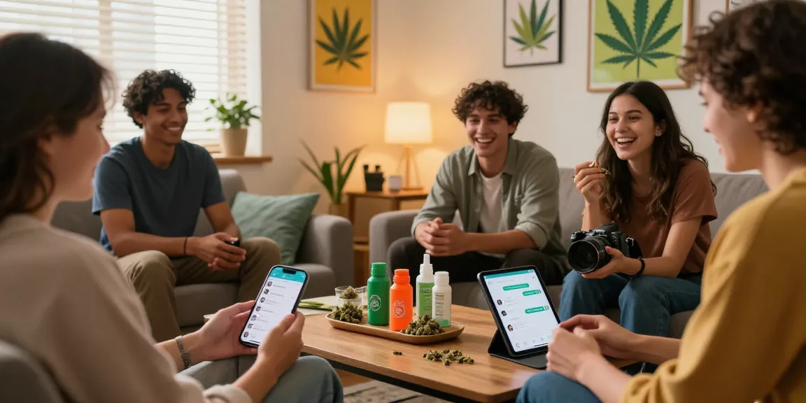 Engaging community sharing knowledge on weed telegram in a warm living room.