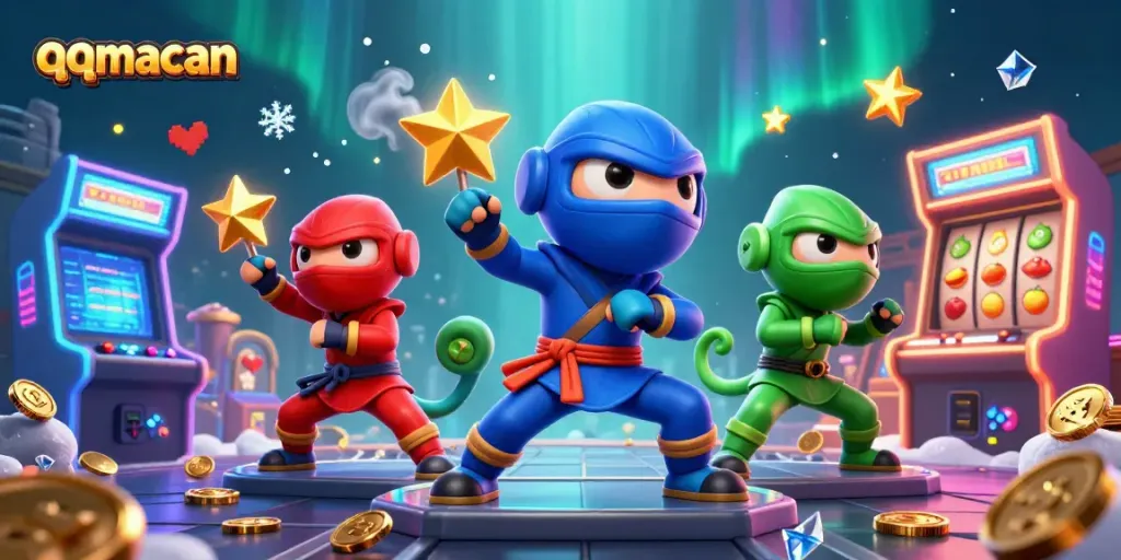 Experience thrilling slots action with qqmacan's colorful characters and game elements in this vibrant illustration.